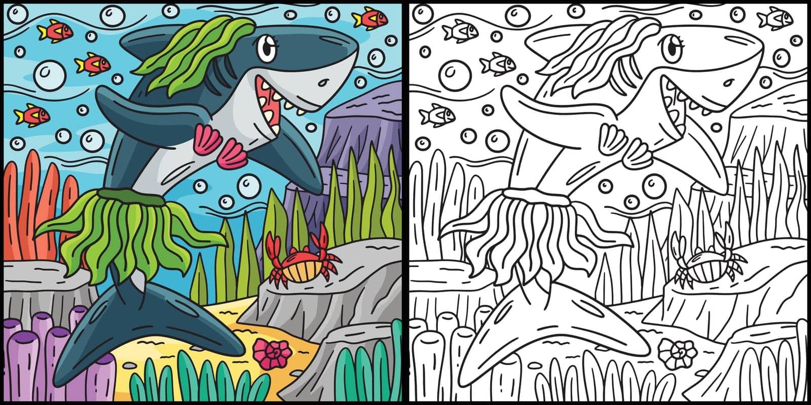 This coloring page shows a Shark and Seaweed. One side of this illustration is colored and serves as an inspiration for children.
