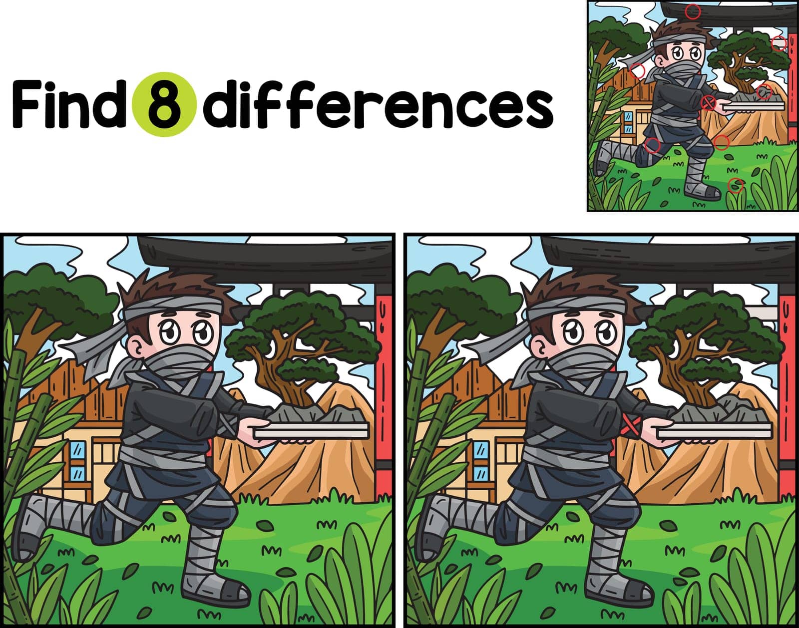 Find or spot the differences on this Ninja Carrying Bonsai kids activity page. A funny and educational puzzle-matching game for children.