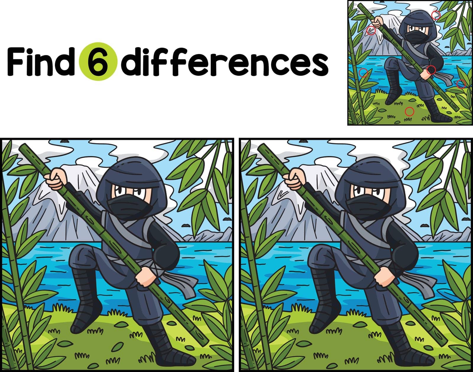 Find or spot the differences on this Ninja with a Bamboo Pole kids activity page. A funny and educational puzzle-matching game for children.