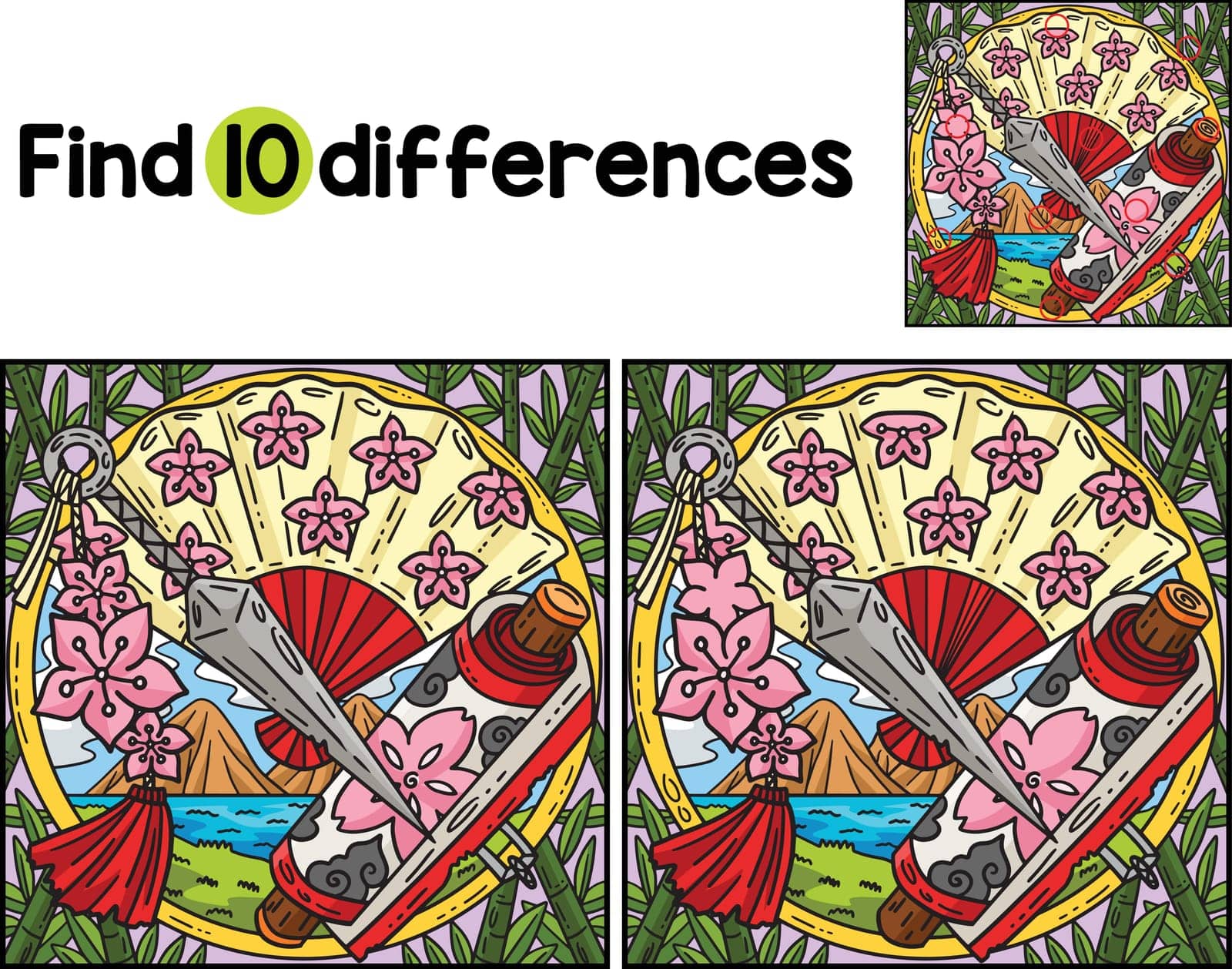 Find or spot the differences on this Ninja Scroll, Fan, and Kunai Kids activity page. A funny and educational puzzle-matching game for children.