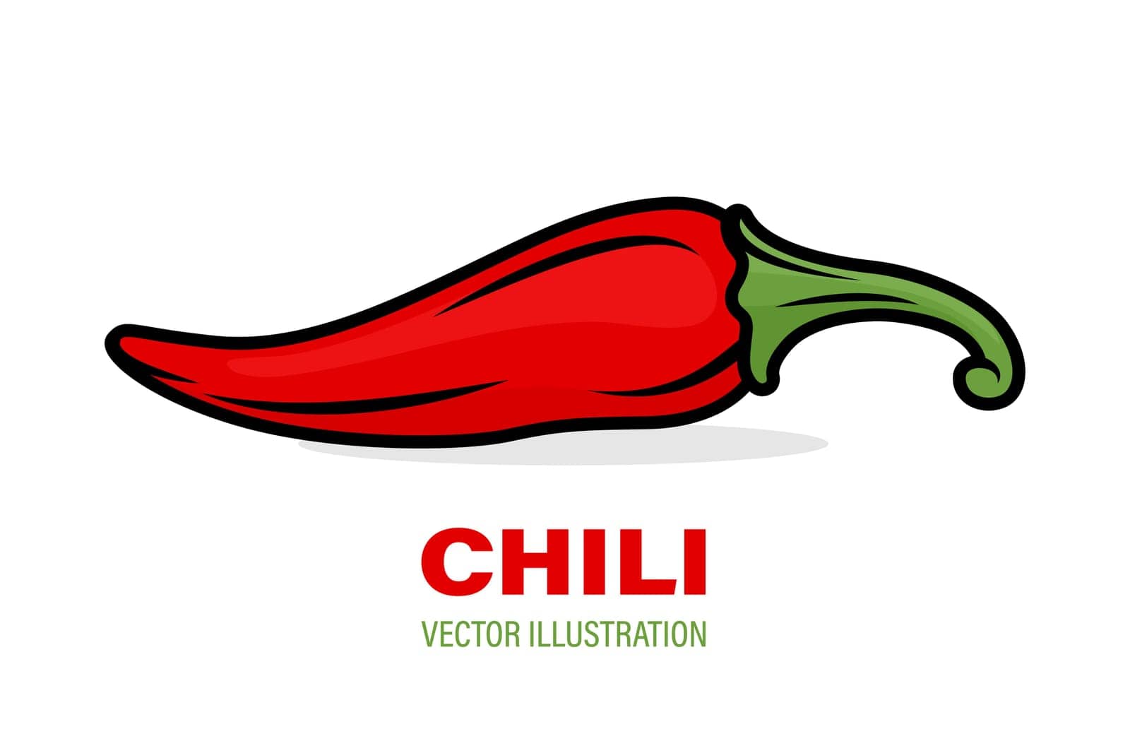 Flat Vector Design Template of Whole Fresh Hot Chili Pepper Closeup Isolated. Spicy Chili Pepper in Front View. Vector Chili Pepper Illustration for Culinary, Cooking, and Spicy Food Concept.