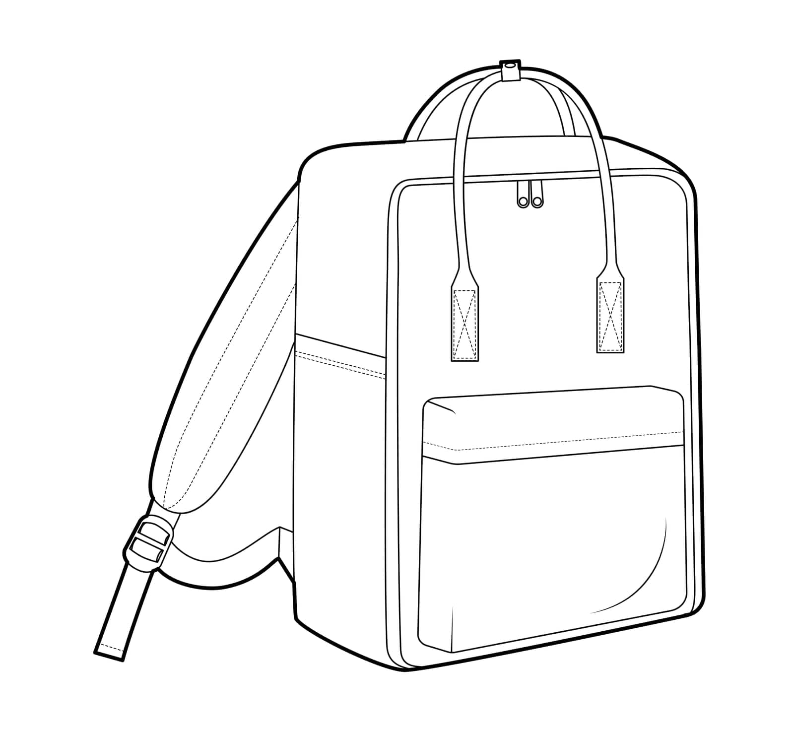 Adventure backpack silhouette bag with handle. Fashion accessory technical illustration. Vector schoolbag 3-4 view for Men, women, unisex style, flat handbag CAD mockup sketch outline isolated