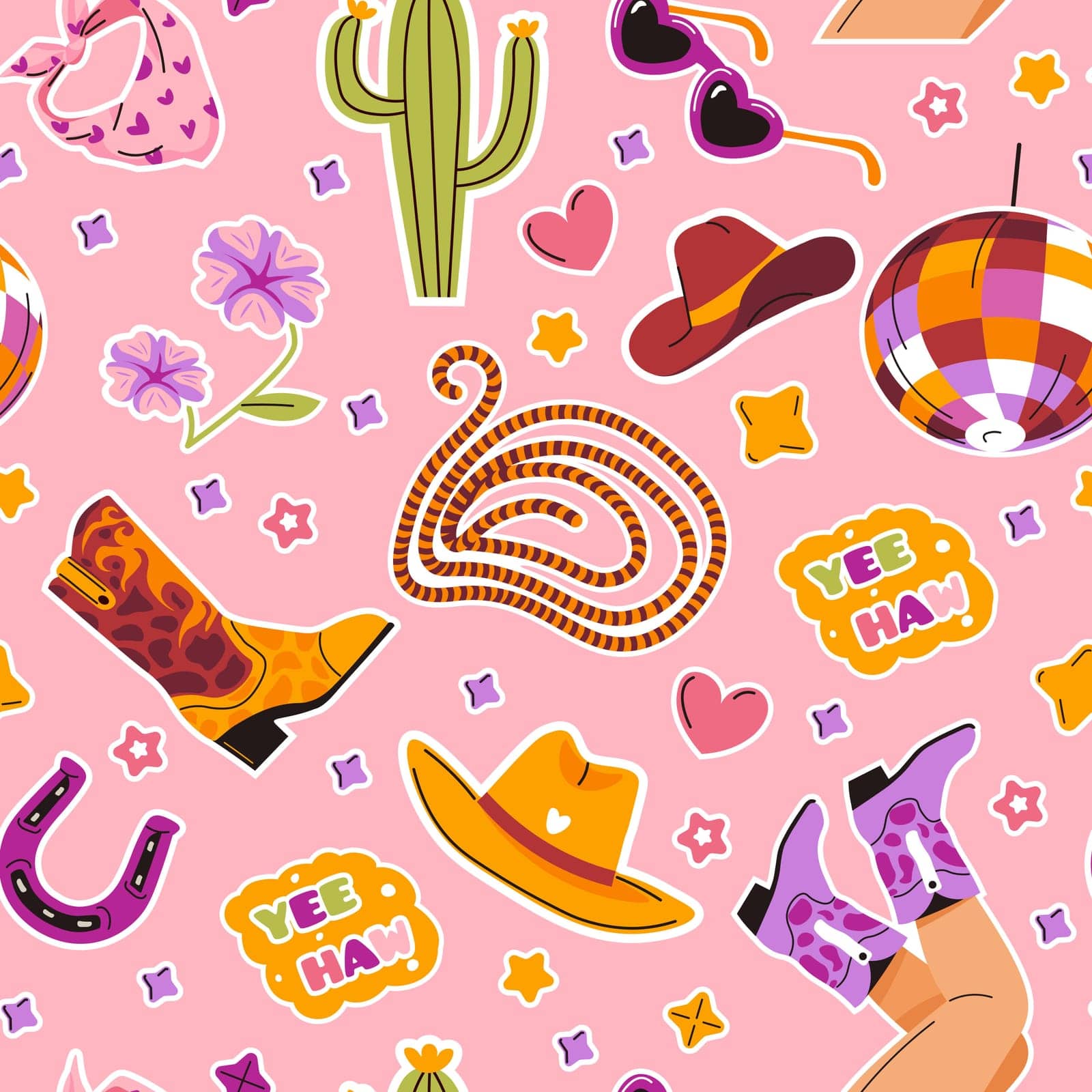 A playful western-themed seamless pattern with cowboy elements on a pink background, vector illustration in a vibrant style