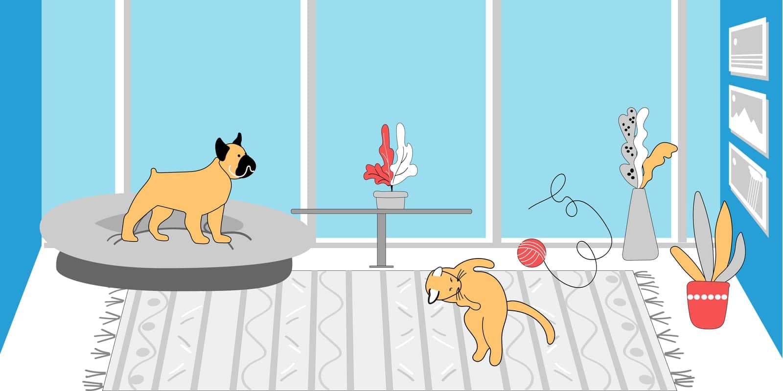 Dog and cat are playing in the room. Scandinavian interior. Spacious bright room with windows and furniture. Vector illustration, pet friendly concept