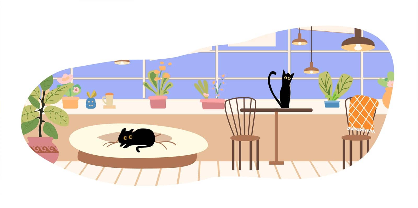 Pet cats and dogs in home apartment. Happy domestic animals flat vector illustration. Interior. Friendship, love for pet concept for banner, website design or landing web page