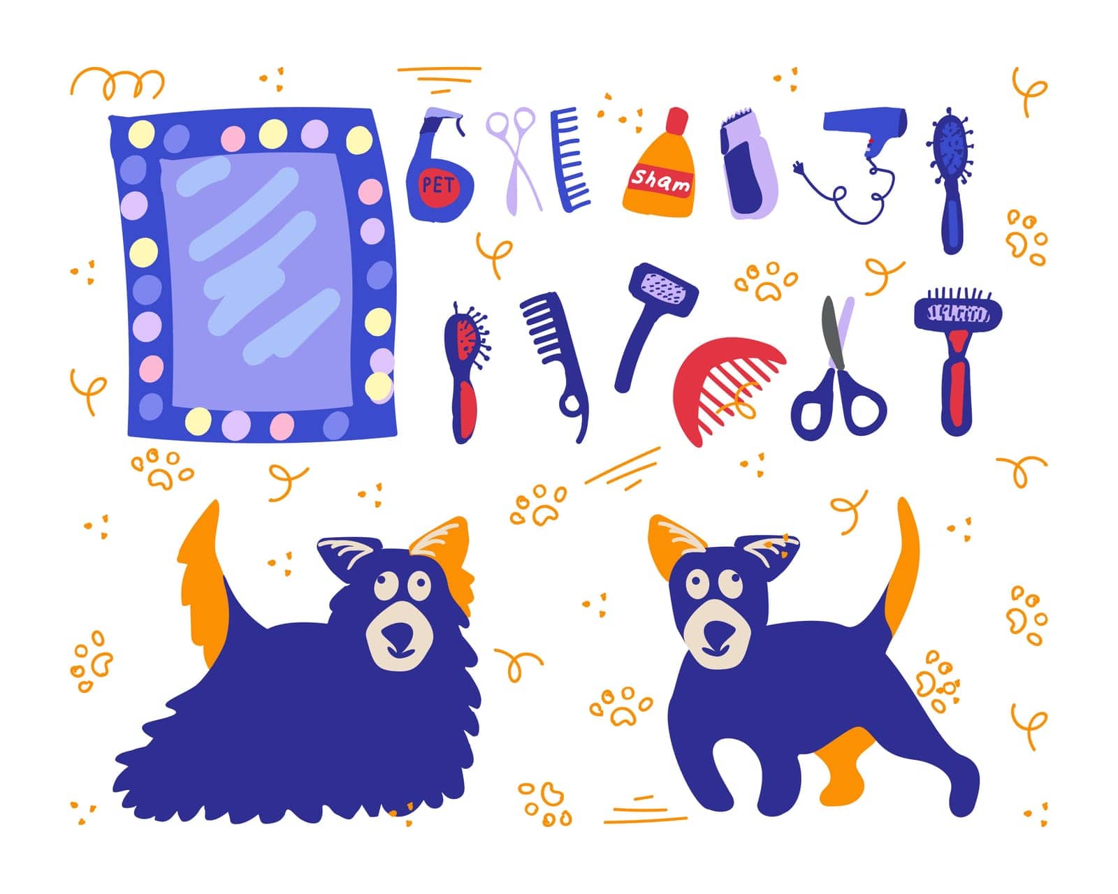 Pet grooming. Dog salon design with several grooming tools. Vector illustration made by hand in doodle style.