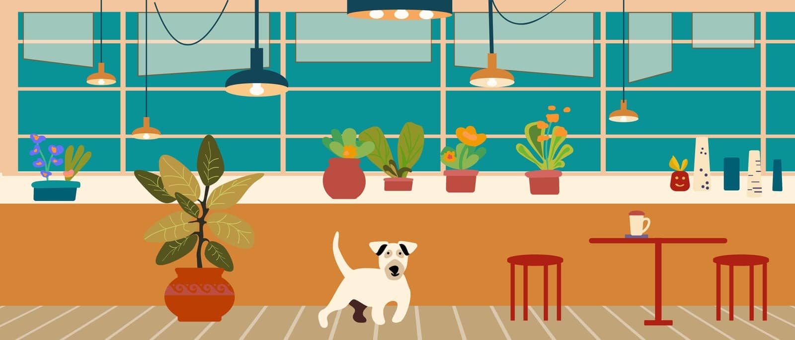 Pet dog in home apartment, happy domestic animals flat vector illustration. Interior by Radovanova