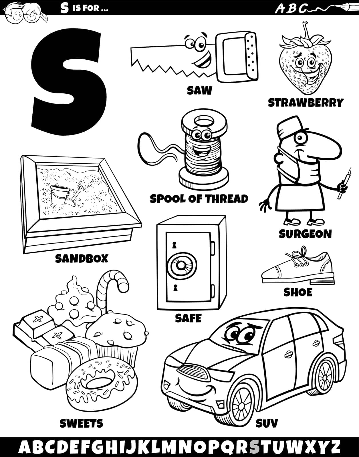 Cartoon illustration of objects and characters set for letter S coloring page