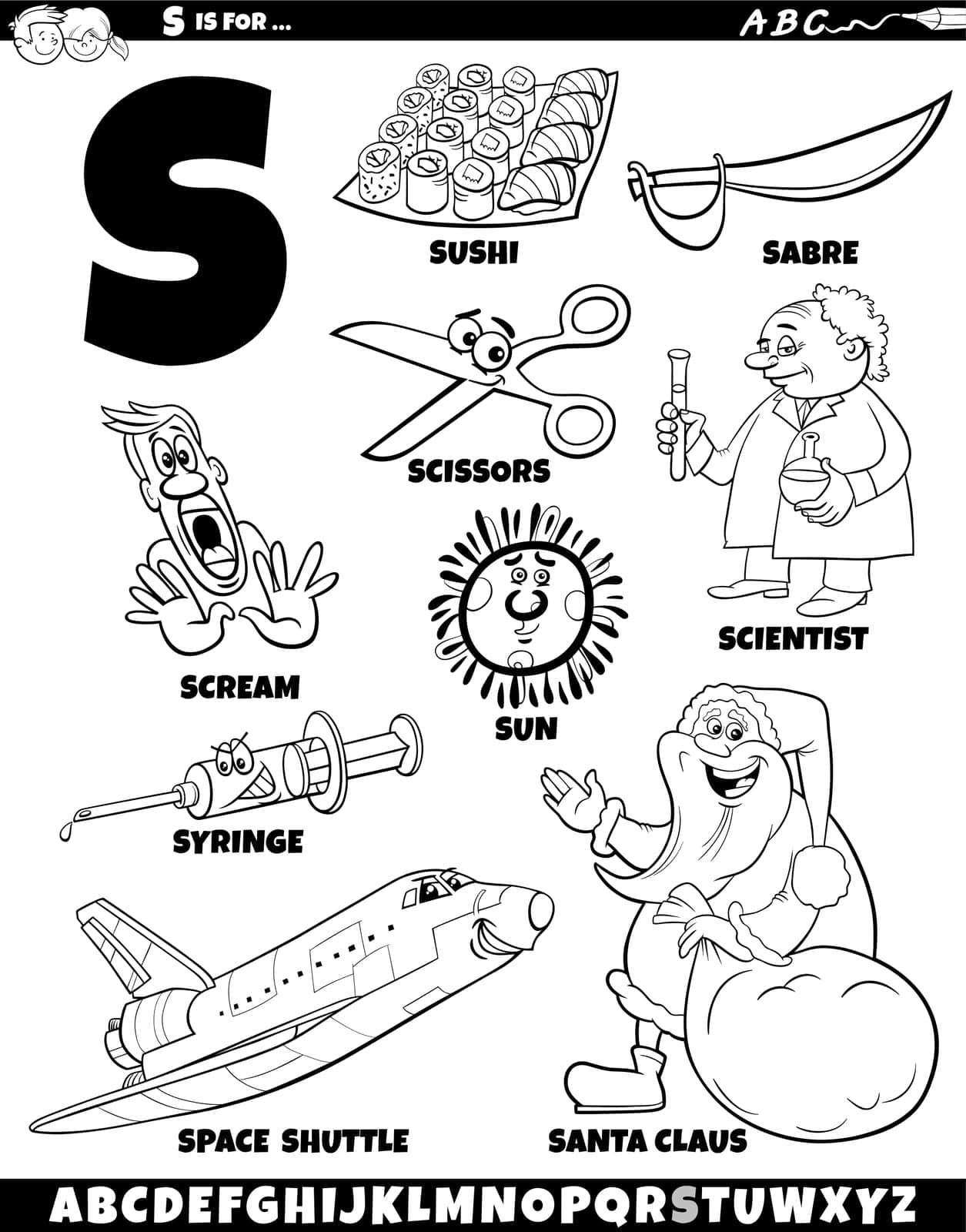 Letter S set with cartoon objects and characters coloring page by izakowski