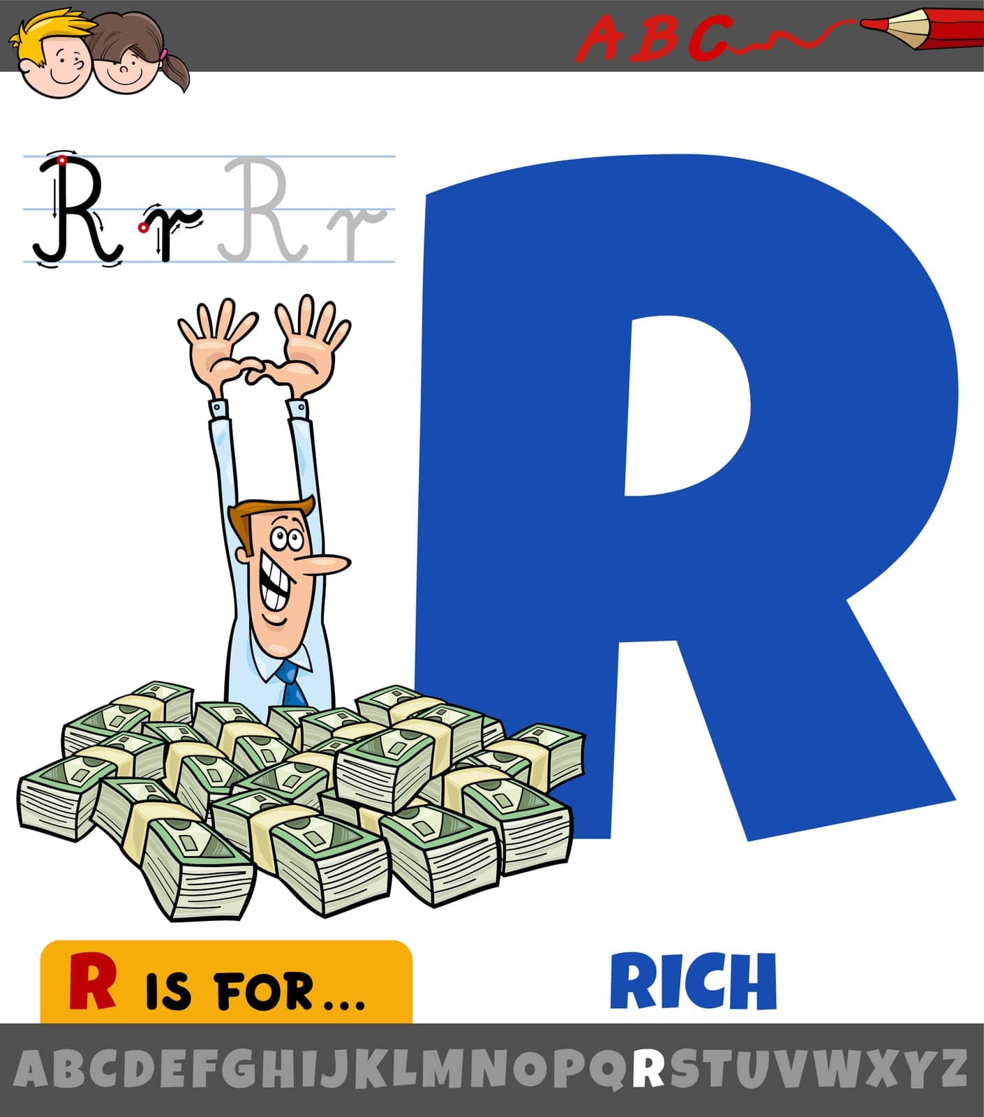 letter R worksheet with cartoon illustration of rich phrase by izakowski