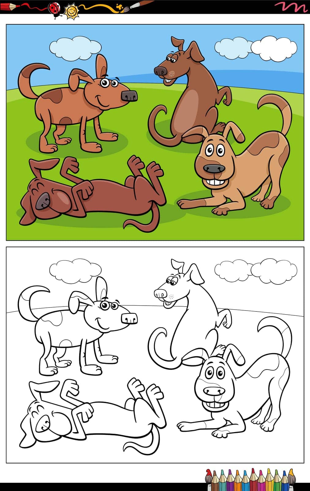 Cartoon illustrations of funny dogs or puppies characters group coloring page