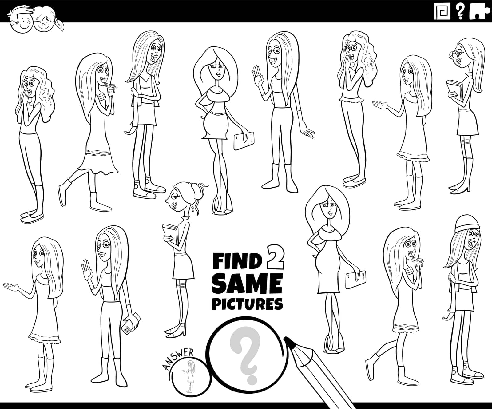 Cartoon illustration of finding two same pictures educational activity with girls or young women characters coloring page