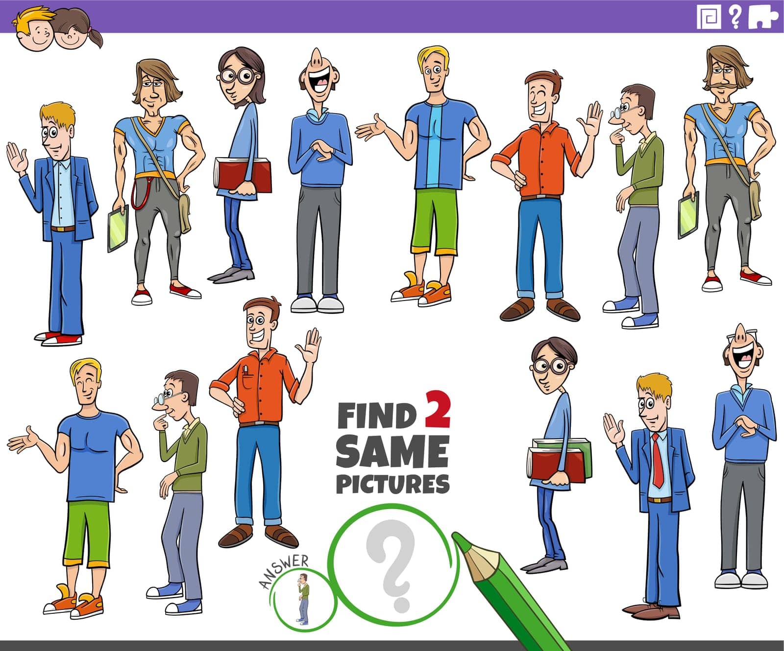 Cartoon illustration of finding two same pictures educational activity with guys or young men characters