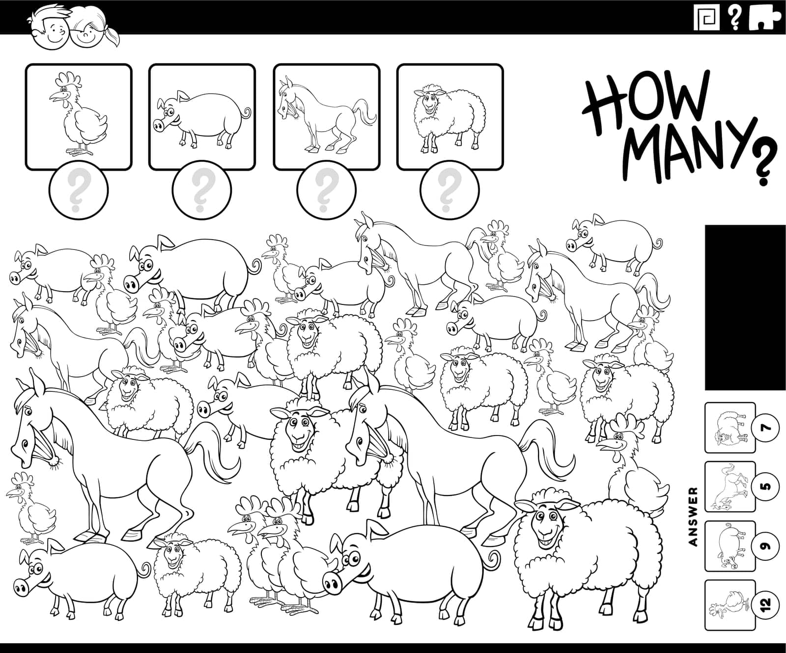 illustration of educational counting activity with cartoon farm animal characters coloring page