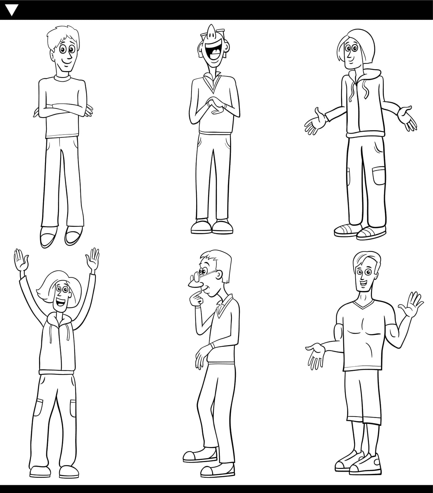 Cartoon illustration of funny young men comic characters set coloring page