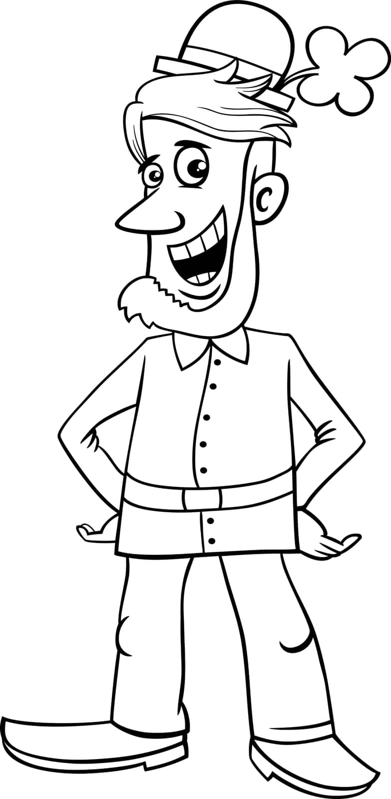 Black and white cartoon illustration of Leprechaun fantasy character on Saint Patrick Day coloring page
