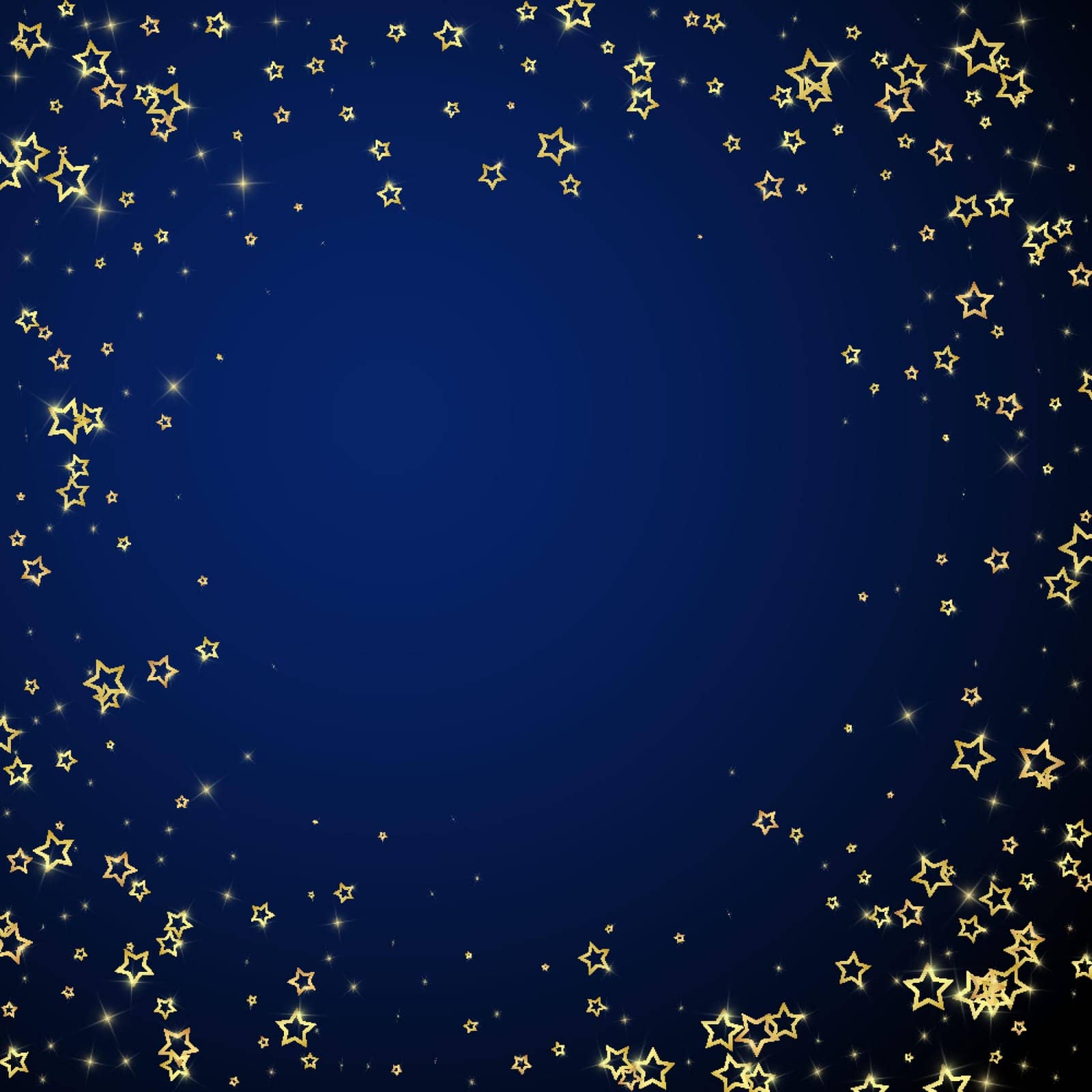 Starry night fairy tale background. Cute sparkling twinkles, christmas spirit in the air. Festive stars vector illustration on dark blue background.