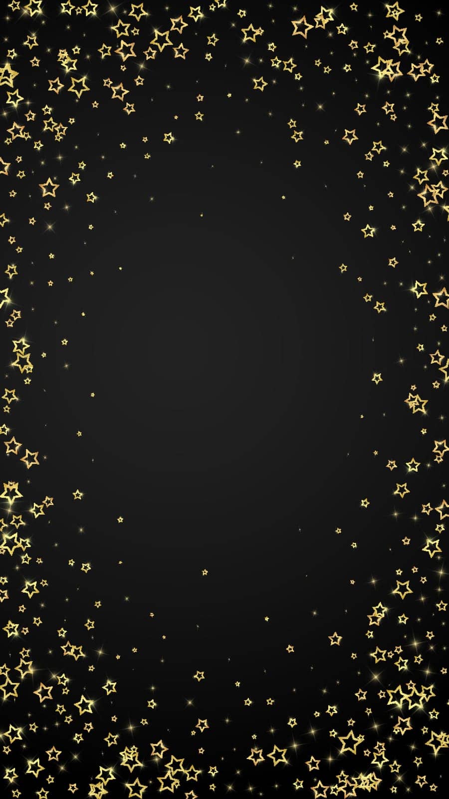 Twinkle stars scattered around randomly, flying, falling down, floating. Christmas celebration concept. Festive stars vector illustration on black background.