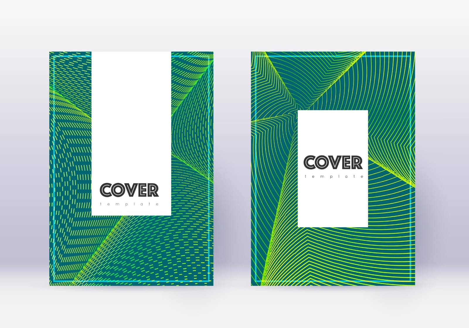 Hipster cover design template set. Green abstract lines on dark background. Charming cover design. Tempting catalog, poster, book template etc.