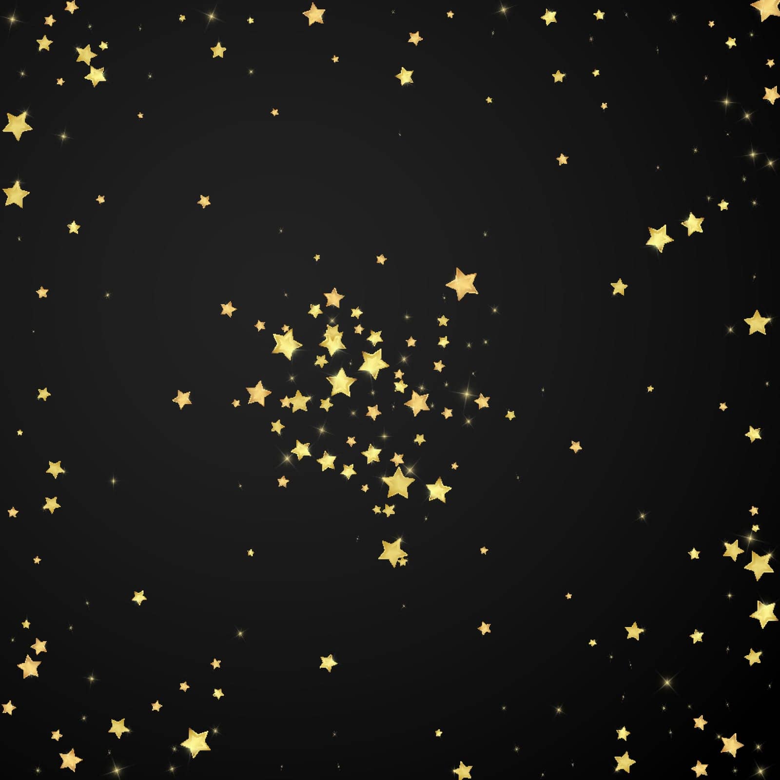 Magic stars vector overlay. Gold stars scattered around randomly, falling down, floating. Chaotic dreamy childish overlay template. Magical cartoon night sky on black background.