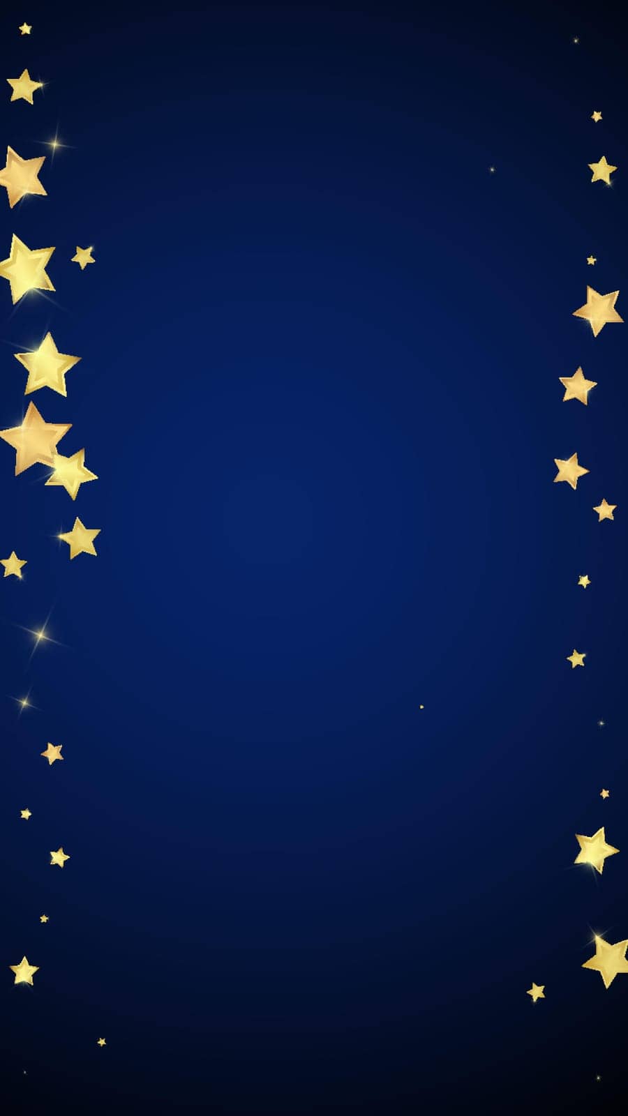 Magic stars vector overlay. Gold stars scattered around randomly, falling down, floating. Chaotic dreamy childish overlay template. Vector magic overlay on dark blue background.