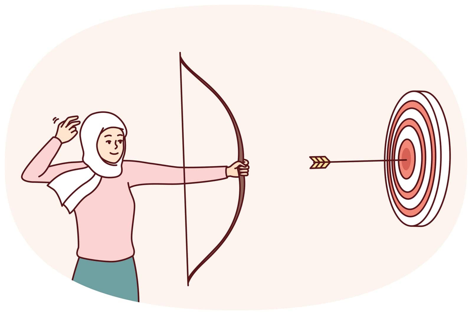Woman in Islamic headscarf covering hair shoots at target with arrows hitting middle. Girl in hijab holding bow for concept determination and desire to succeed in work and business