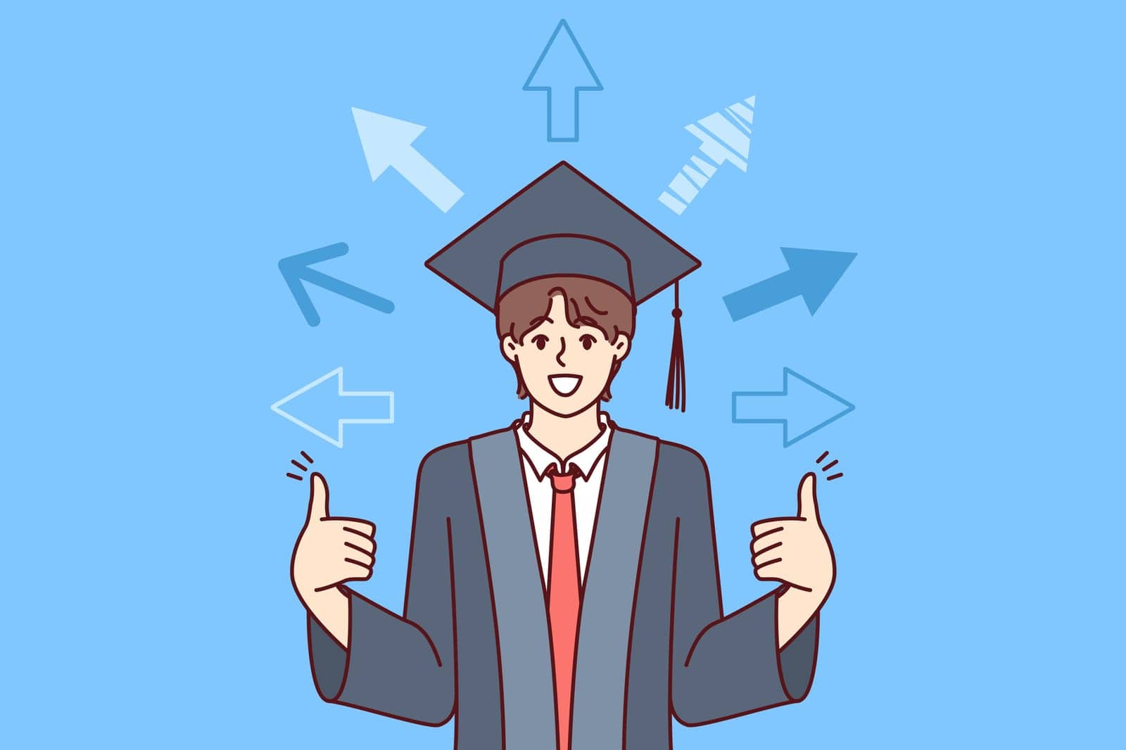 Man, university graduate received good education, shows fingers up, standing among arrows. Concept of having multiple development options for college graduate dressed in academic cap and gown
