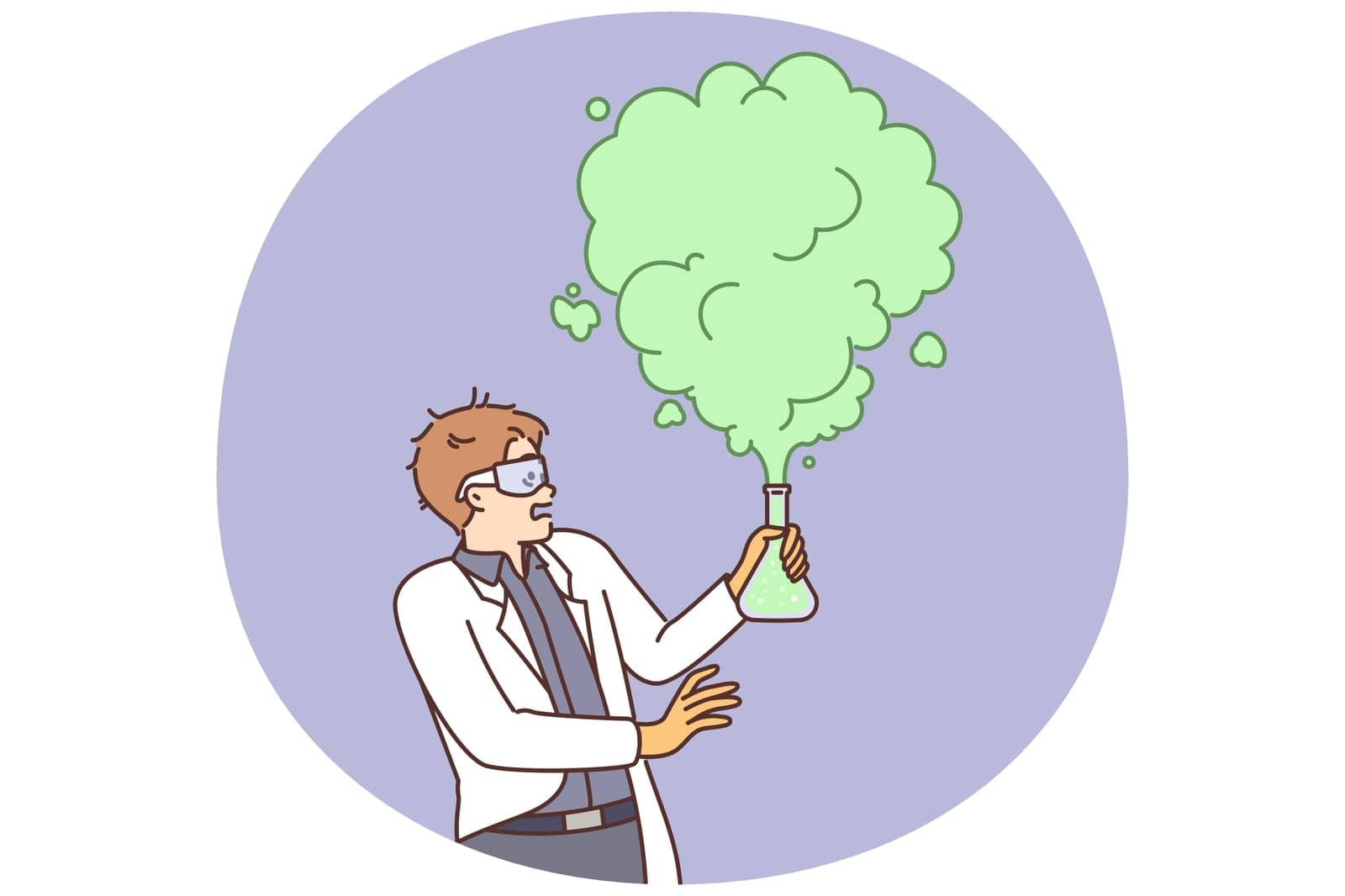 Mad scientist conducts dangerous chemistry experiment with reagents and fails due to explosive chemical reaction. Man in white coat working in chemical laboratory is shocked to see green smoke