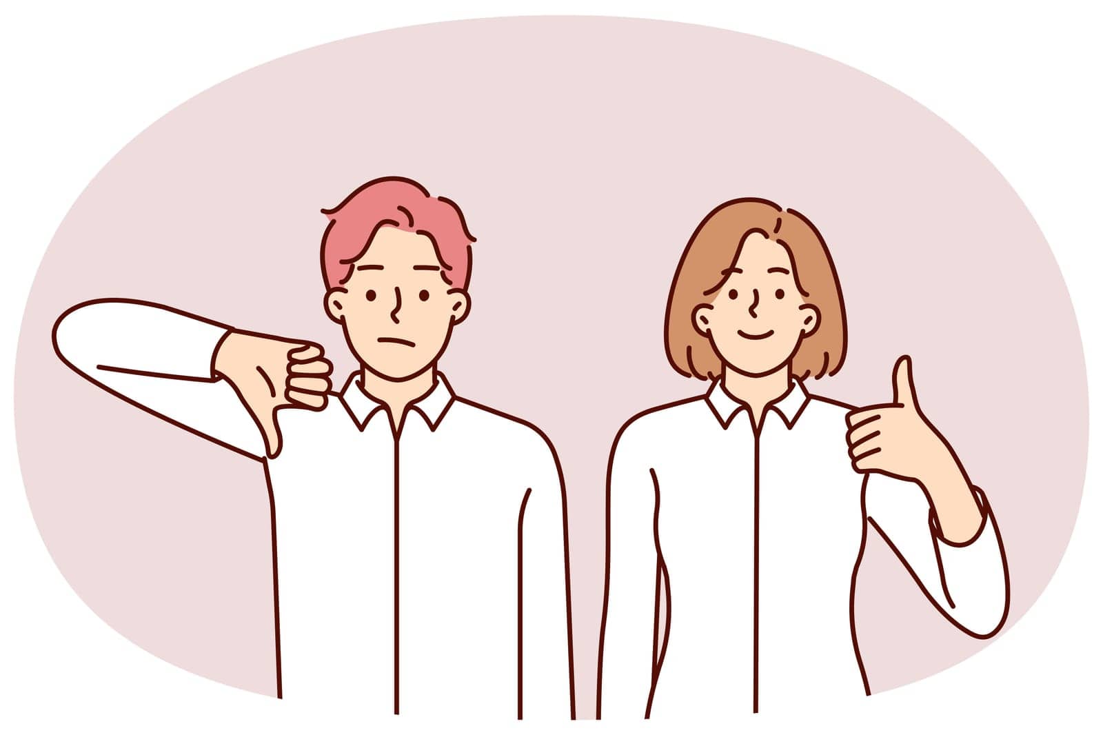 Man and woman give different assessment of upcoming business deal showing thumbs up or down. Two business partners vote with gestures for making strategically important decision or signing contract