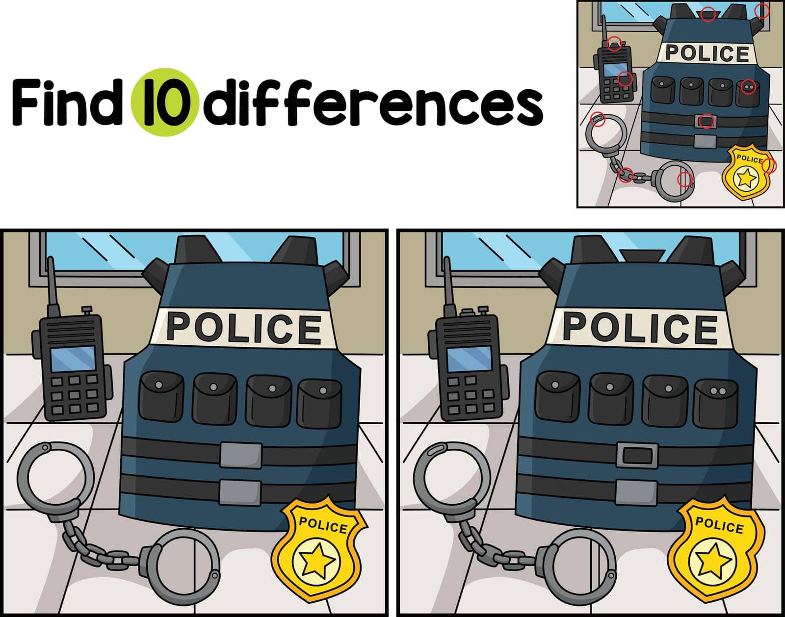 Find or spot the differences on this Police Officer Equipment kids activity page. A funny and educational puzzle-matching game for children.