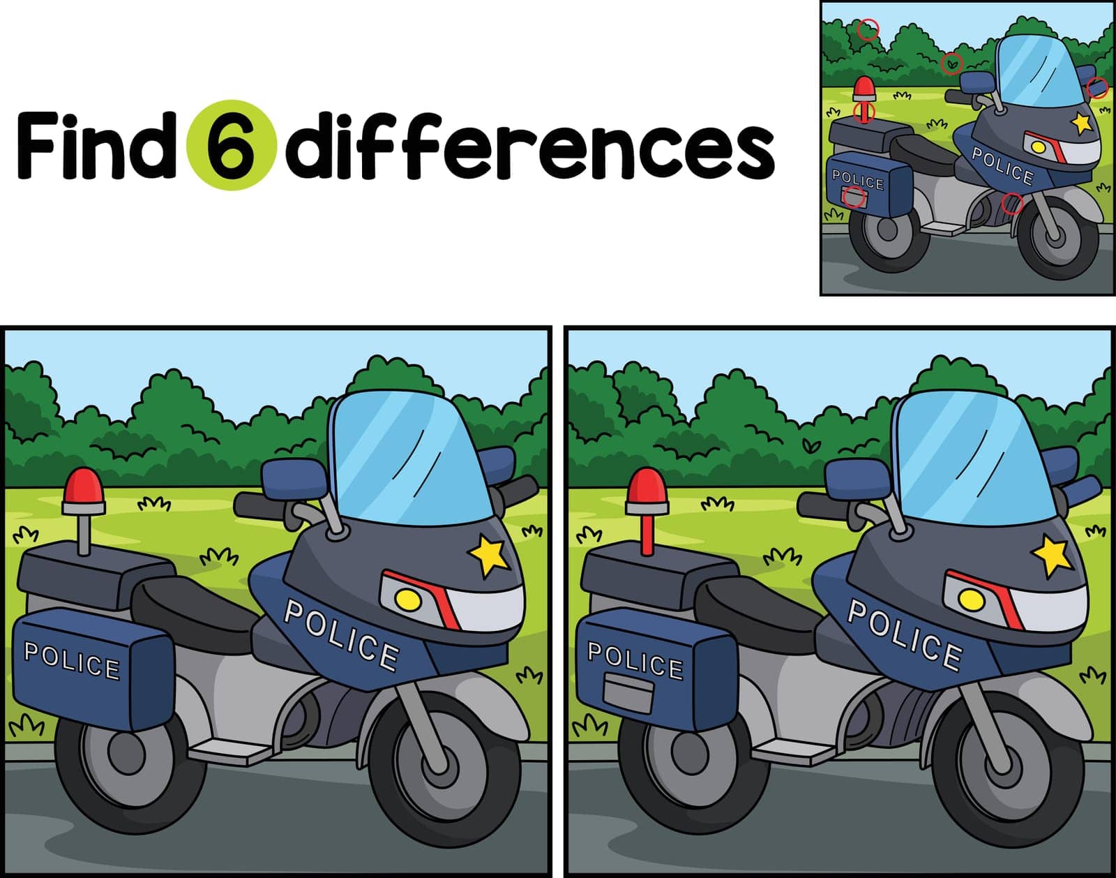 Find or spot the differences on this Police Motorcycle Kids activity page. A funny and educational puzzle-matching game for children.