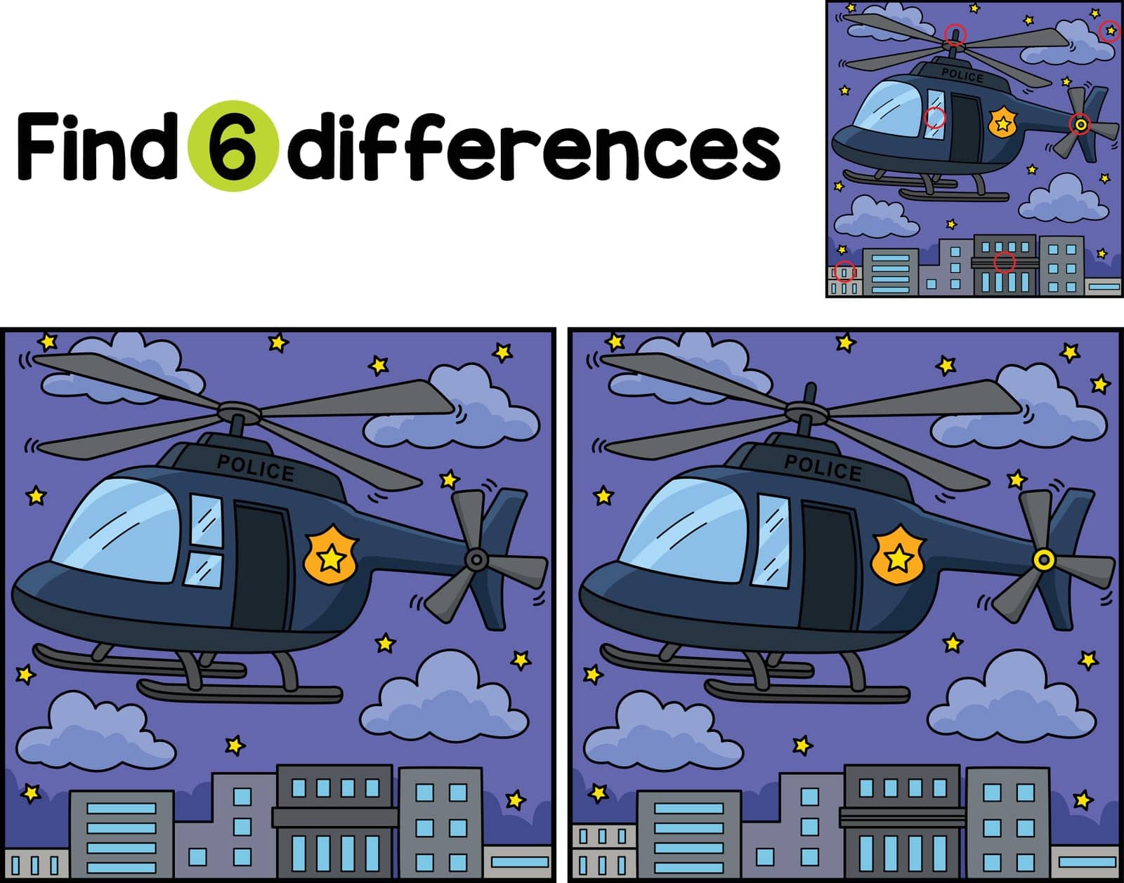 Find or spot the differences on this Police Helicopter Kids activity page. A funny and educational puzzle-matching game for children.