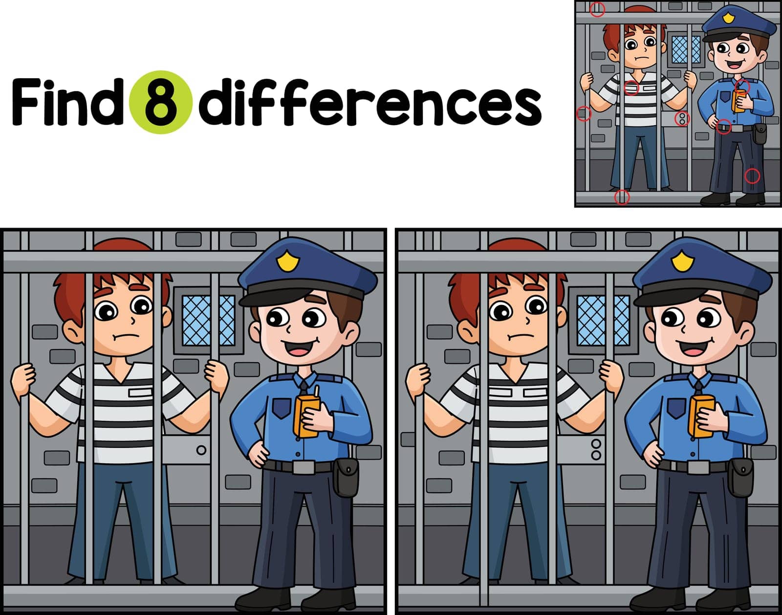 Find or spot the differences on this Police Man and Prisoner Kids activity page. A funny and educational puzzle-matching game for children.