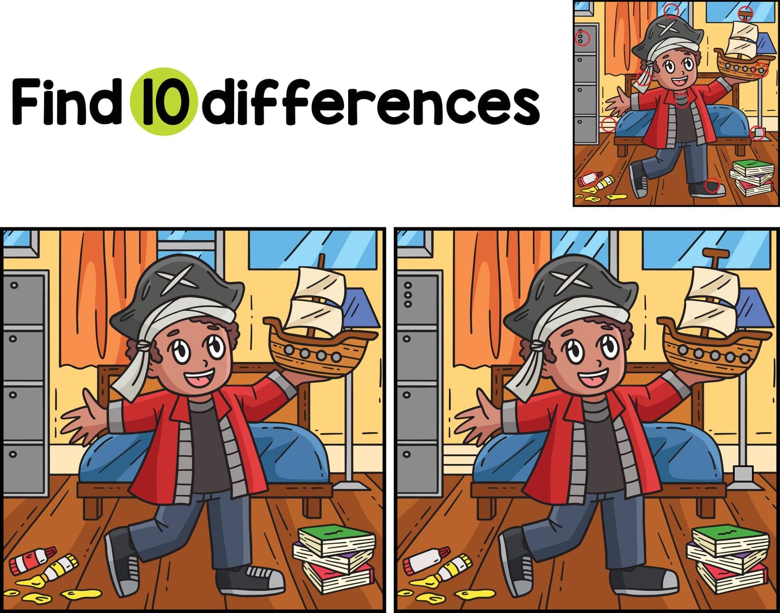 Find or spot the differences on this Child with Pirate Hat and Model Ship kids activity page. A funny and educational puzzle-matching game for children.