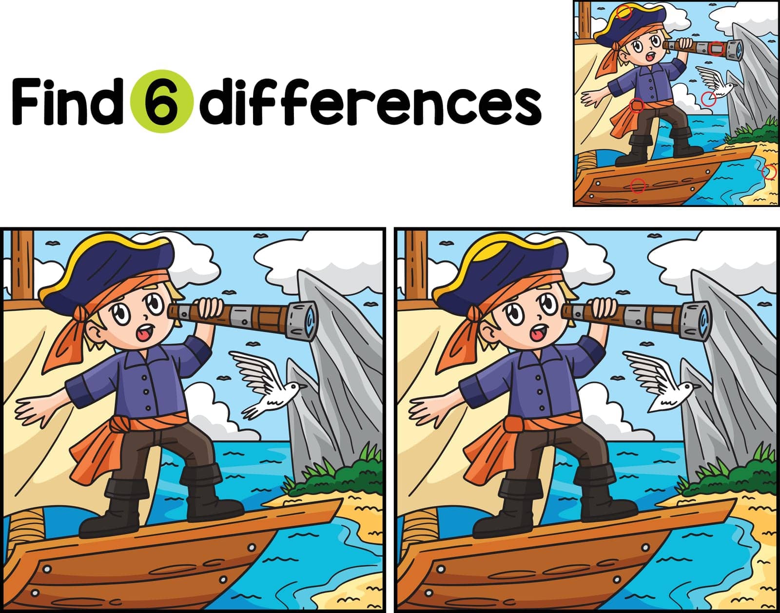 Find or spot the differences on this Pirate Looking through Telescope Kids activity page. A funny and educational puzzle-matching game for children.