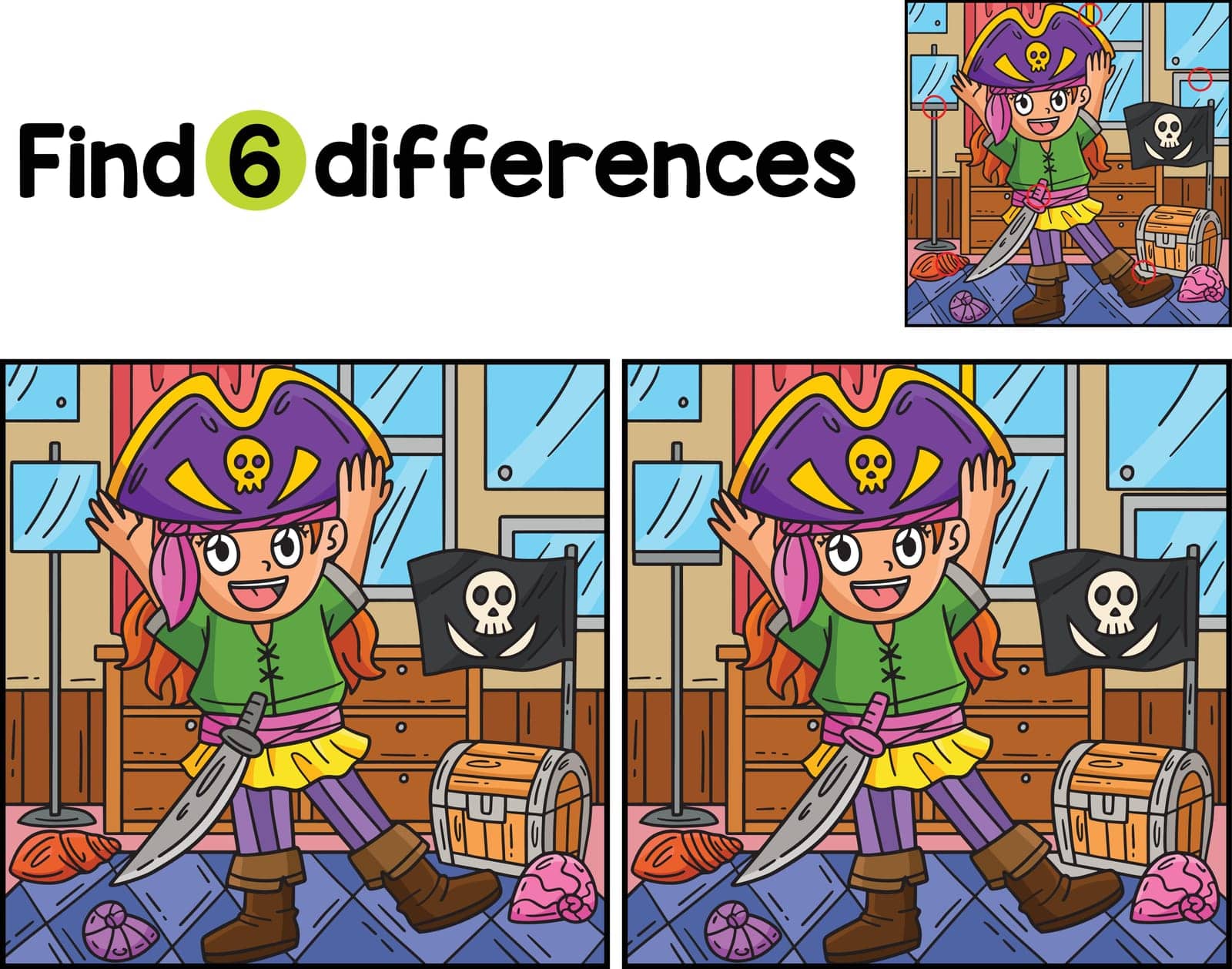Find or spot the differences on this Girl Putting on a Pirate Hat kids activity page. A funny and educational puzzle-matching game for children.