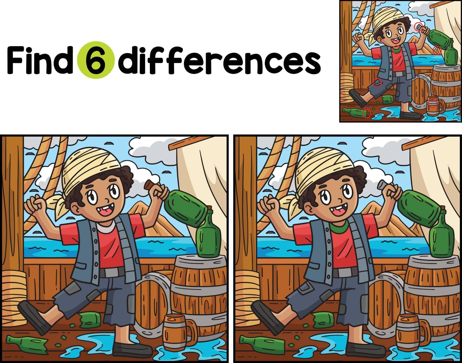 Find or spot the differences on this Pirate with a Barrel of Rum kids activity page. A funny and educational puzzle-matching game for children.