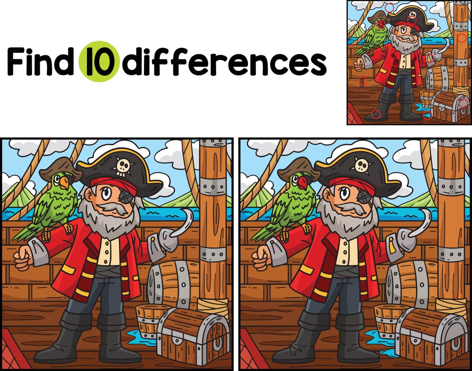 Find or spot the differences on this Pirate Captain with Parrot Kids activity page. A funny and educational puzzle-matching game for children.