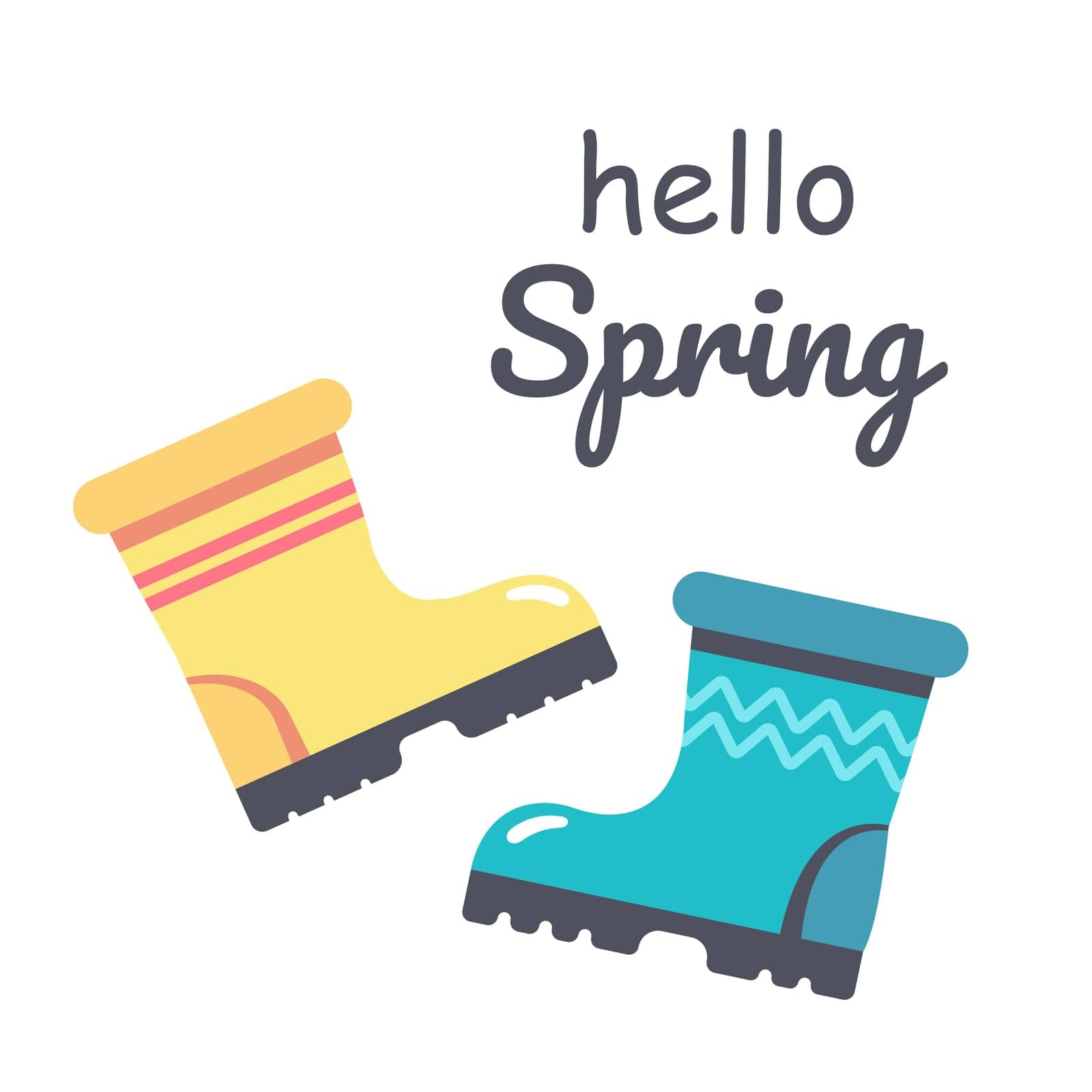 Springtime hand drawn prints design. Pairs of different rubber boots. Happy spring. Vector illustration.