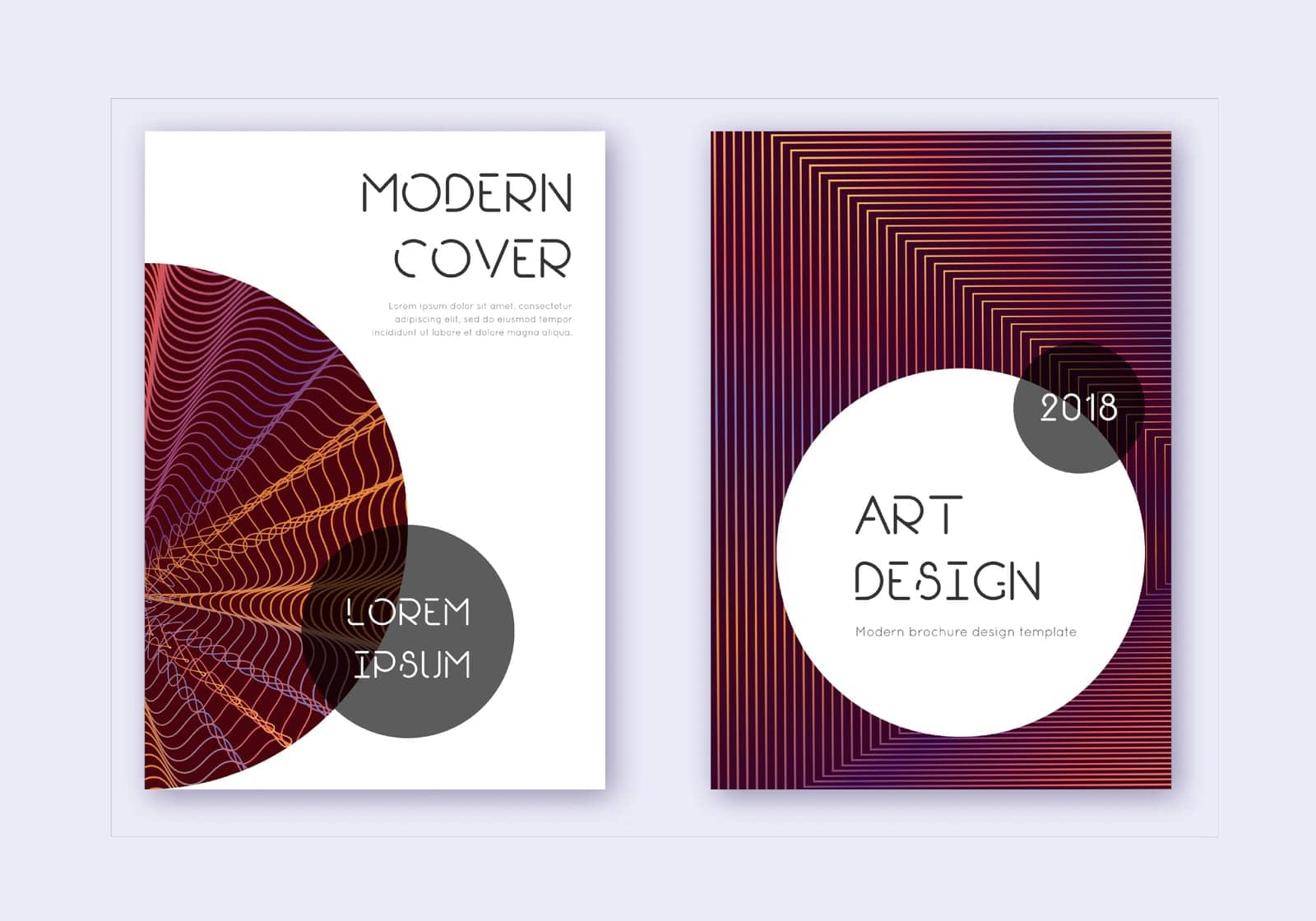 Trendy cover design template set. Orange abstract lines on wine red background. Graceful cover design. Majestic catalog, poster, book template etc.