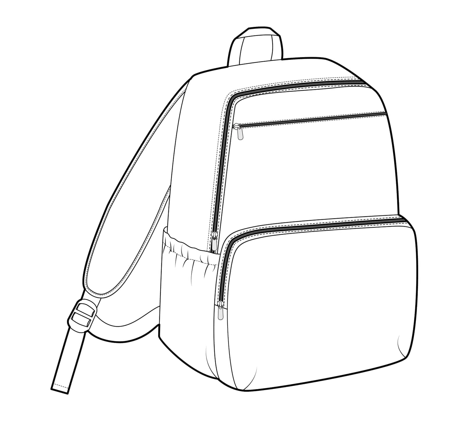 School Bag backpack silhouette bag. Fashion accessory technical illustration. Vector schoolbag 3-4 view for Men, women, unisex style, flat handbag CAD mockup sketch outline isolated