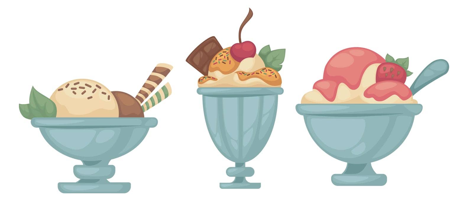 Desserts from shops, stores and restaurants. Isolated ice creams with berries, chocolate and strawberry fruits. Tasty food in cafe served in bowls. Frozen mousse with decor. Vector in flat style