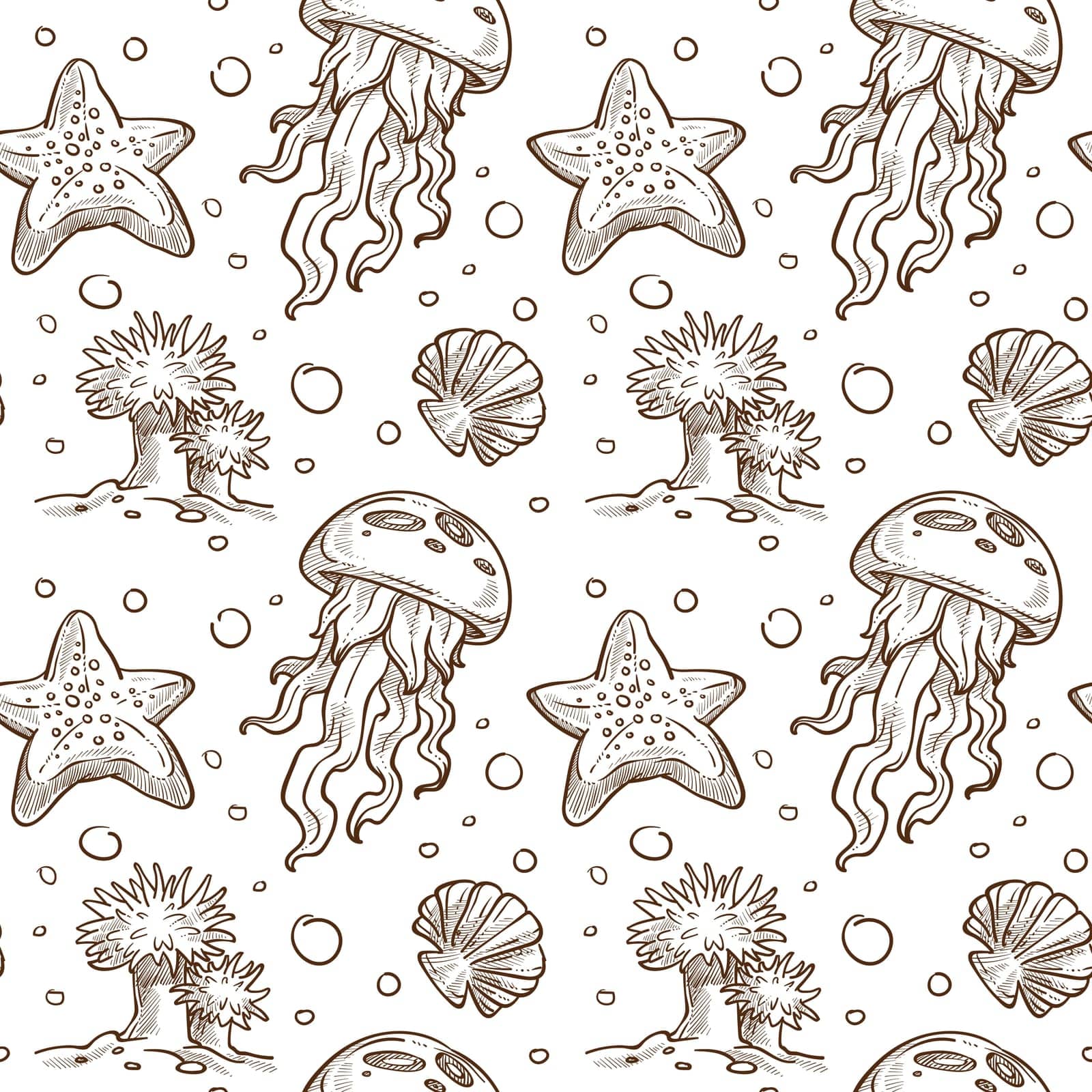 Sea and ocean life, marine dwellers. Madusa and conches, weeds and bubbles underwater. Snorkeling monochrome sketch outline. Seamless pattern, wallpaper background print. Vector in flat style