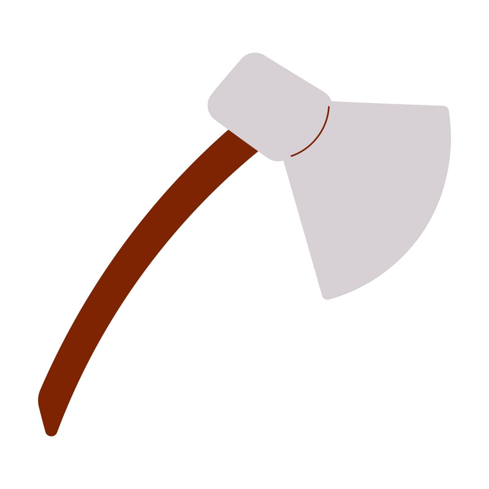 An ax is a metal tool with a wooden handle for use in the garden, at home, and outdoors. Sharp weapon. Chop wood and use it in construction. Hand drawn vector illustration. Icon, element, object.
