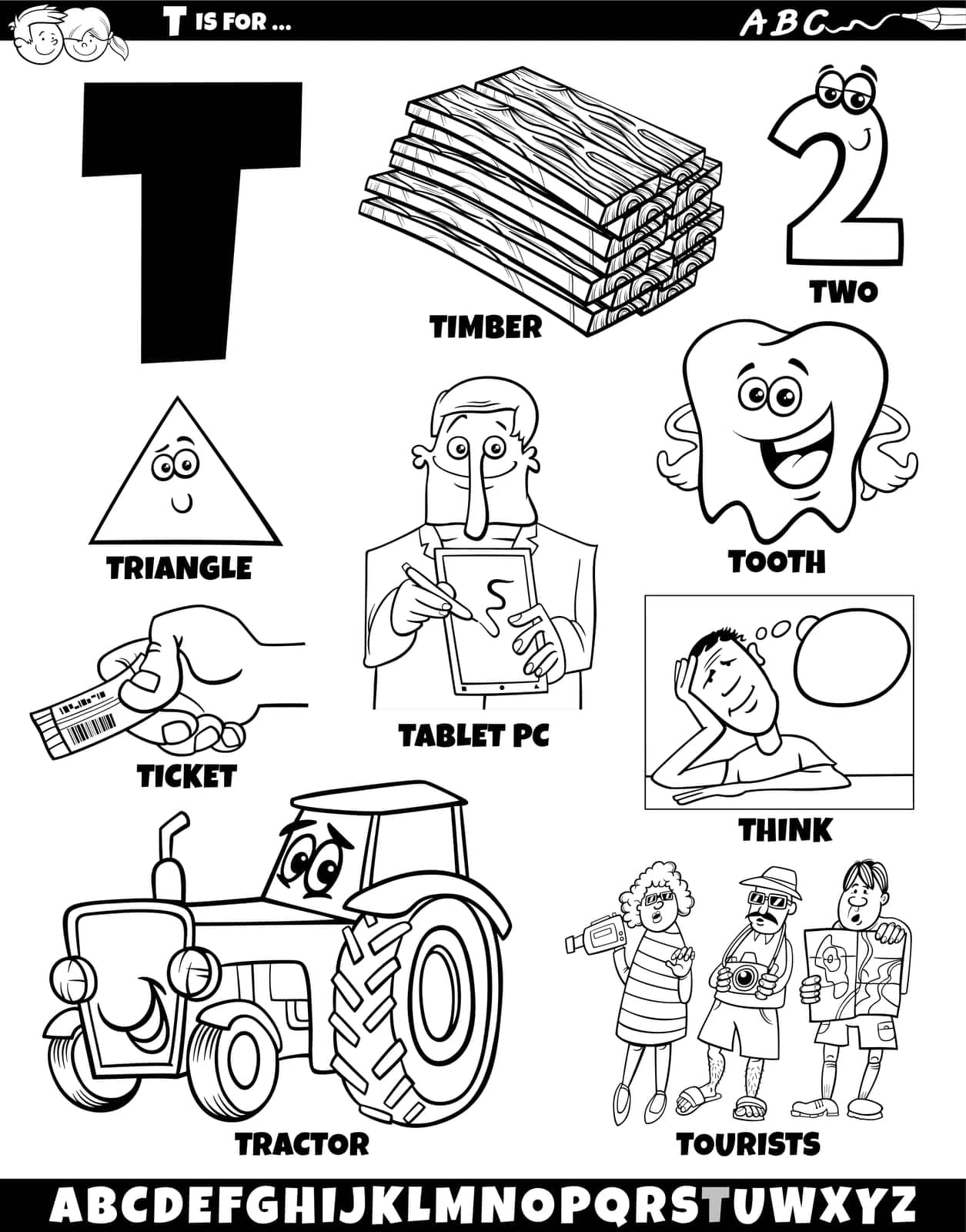 Cartoon illustration of objects and characters set for letter T coloring page