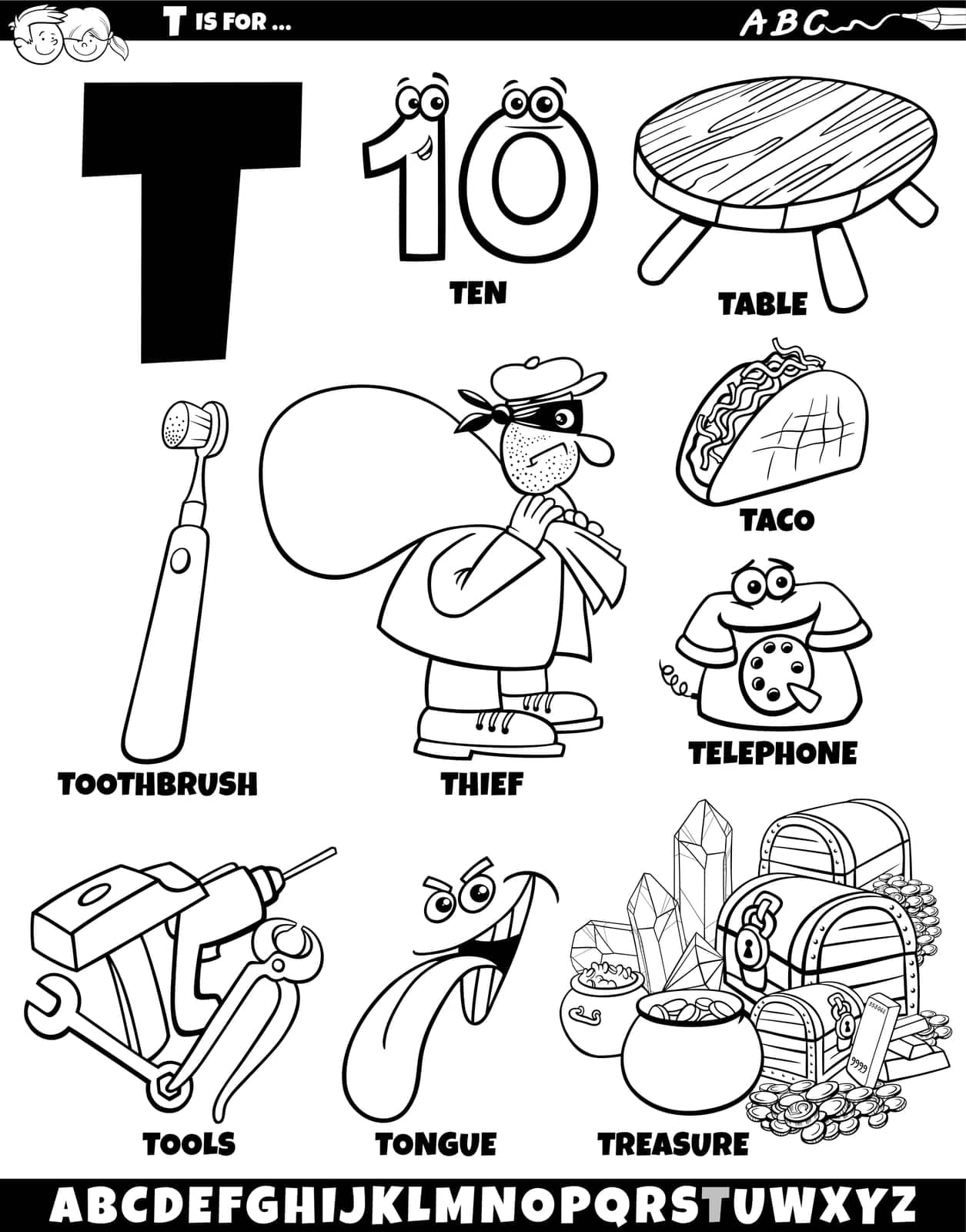 Letter T set with cartoon objects and characters coloring page by izakowski