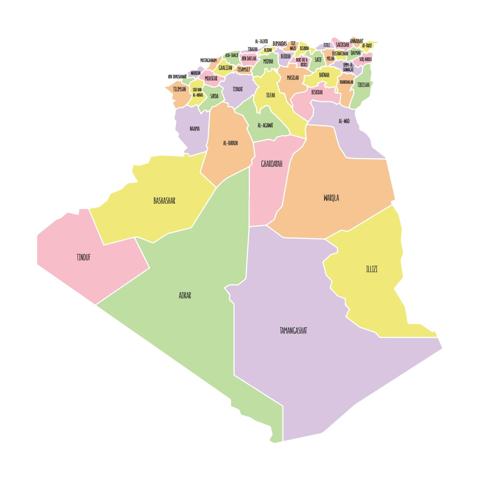 Algeria political map with region names. Solid simple. Pastel colours. Vector editable