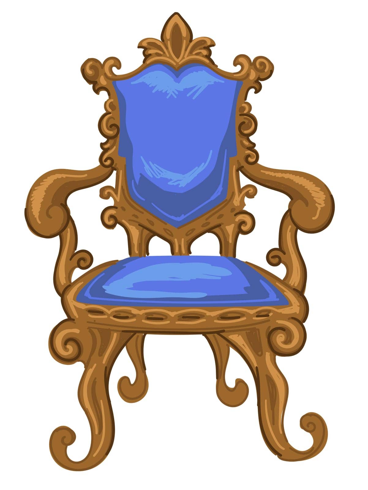 Retro chair with cloth for covering and carved ornaments. Isolated armchair for noble houses,baroque and rococo epoch. Elegant design of furniture for home, museum exponent. Vector in flat style