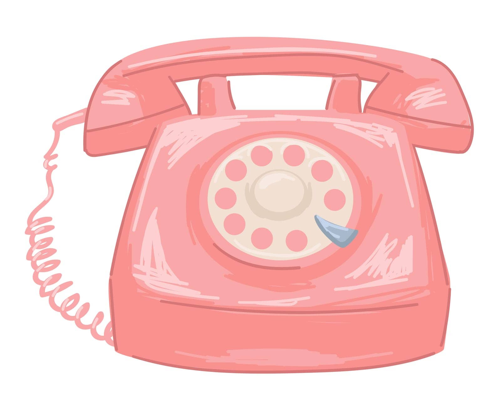 Vintage old school telephone, isolated phone with cords and wires. Communication and conversation in distance, 1960s design, 60s years pink device for calling and talking. Vector in flat style