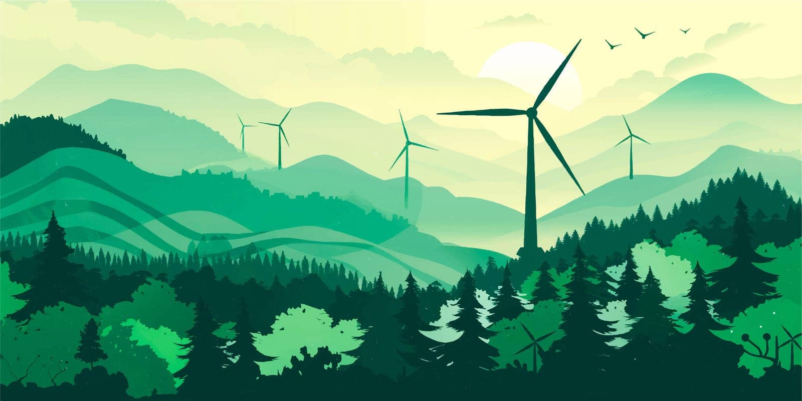 Green energy concept. Silhouette of landscape view of wind power turbine among mountain hill by sarymsakov